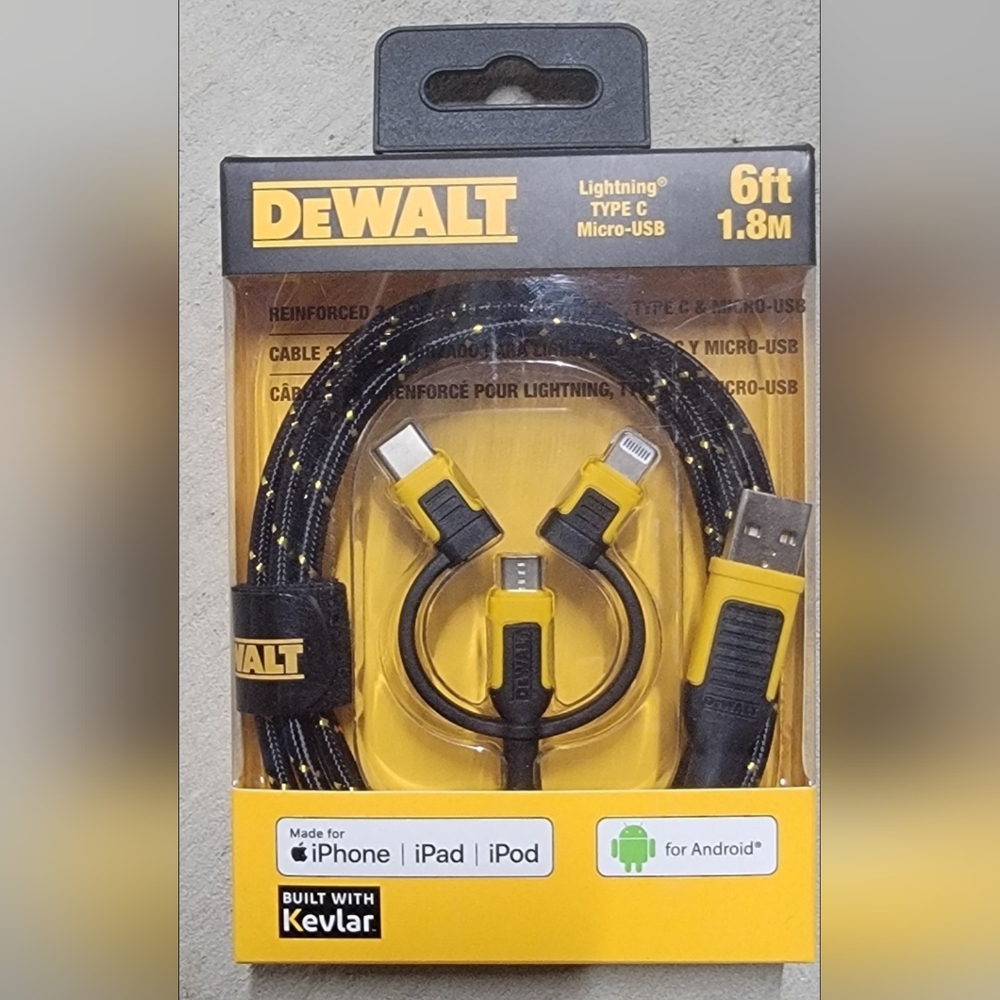 QDEWALT Reinforced 3-in-1 Cable for Lightning, USB-C and Micro-USB, Brand New.